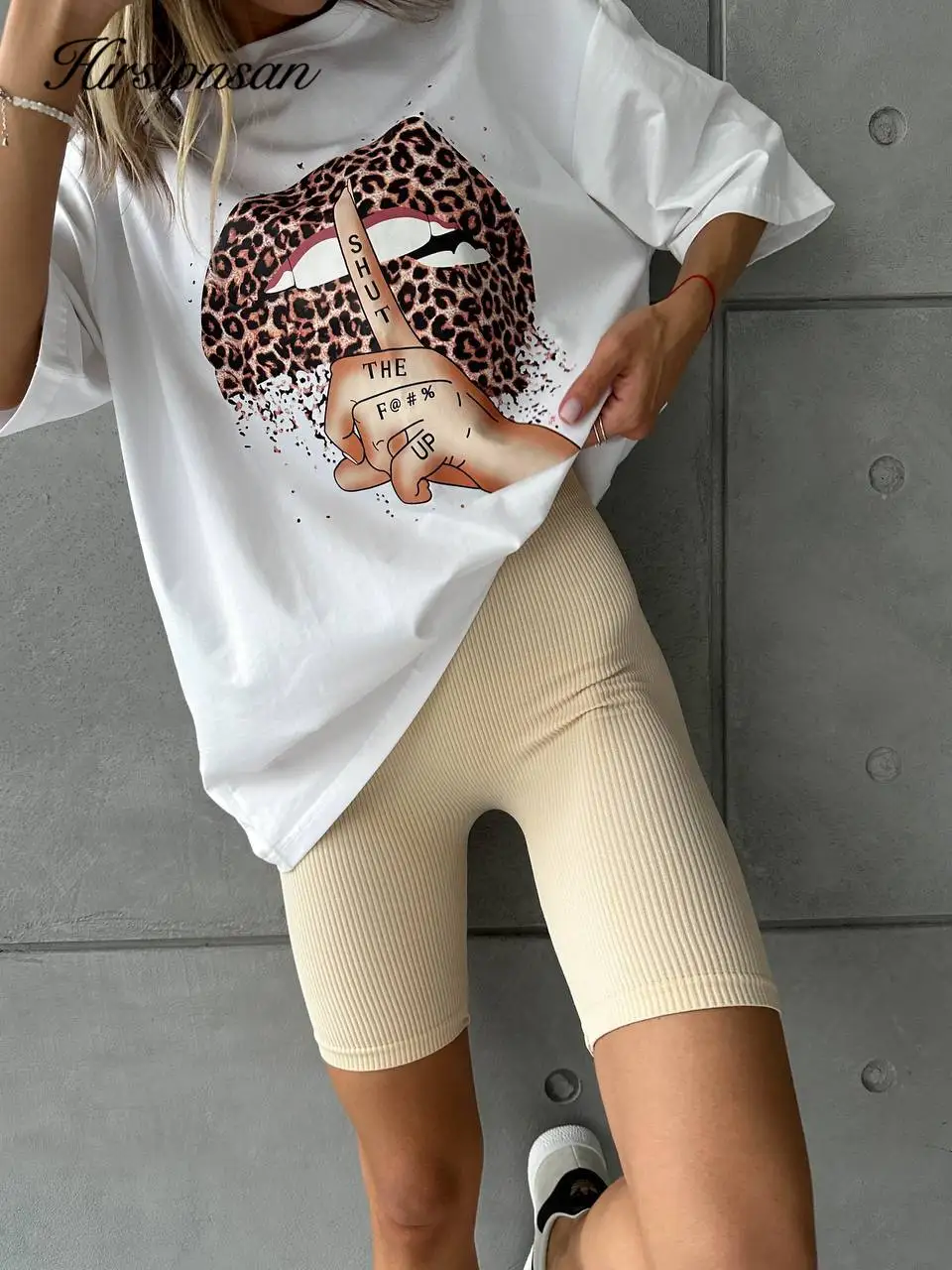 Hirsionsan 2024 Sexy Lips Printed T Shirt Women Summer Loose Casual Soft Leopard Graphic Female Clothing Cotton Lady Tops Y2k