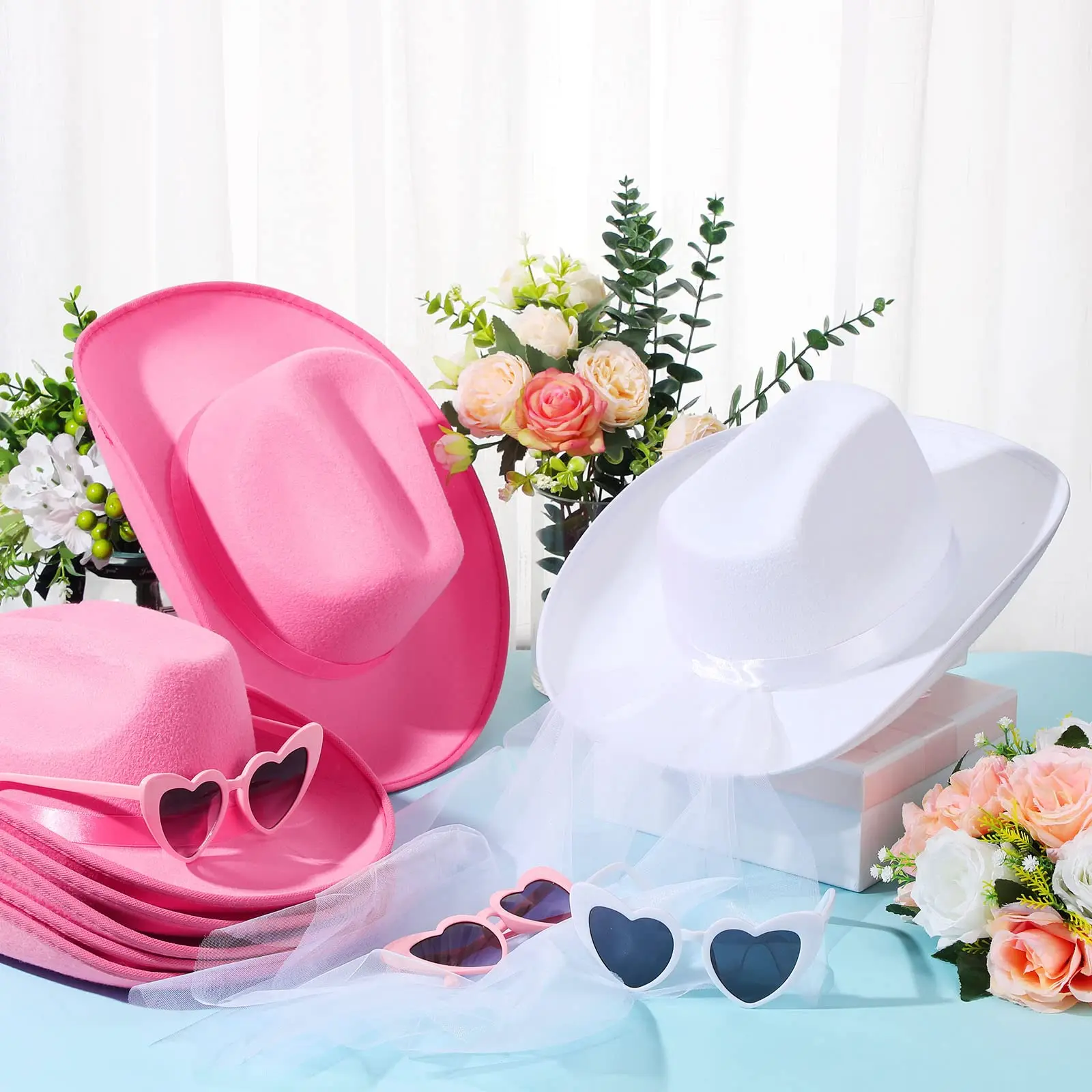 5-12Set Cowgirl Cowboy Hats Bachelorette Cowboy Hats for Bridal Shower Wedding Rhinestone Bandana Heart Glasses for Last Disco view 5