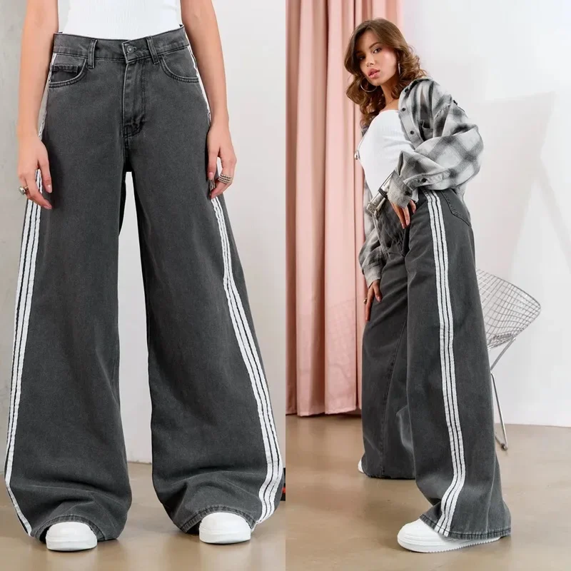 Jeans Women Denim Wide Leg Pants Side Stripe Mid Waist 2025 Streetwear Straight Trousers Vintage Washed Distressed Floor Length