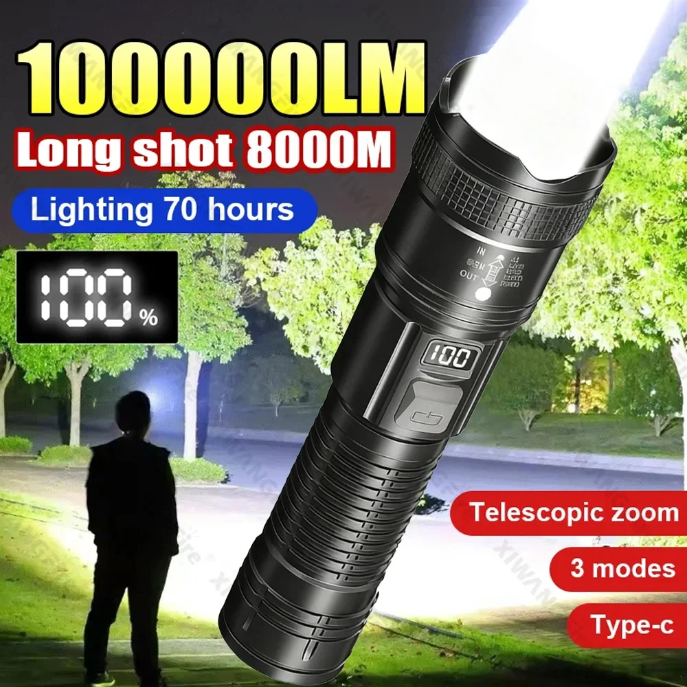 Super Bright LED Flashlight with Battery Display Rechargeable Light Telescopic Zoom Torch Lamp Outdoor Camping Fishing Lantern