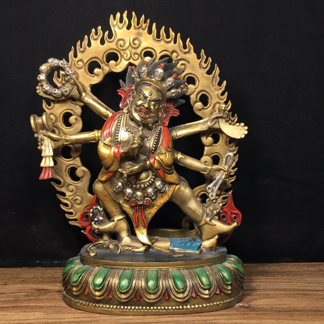 

11"Tibetan Temple Collection Old Bronze Painted Six arms Mahakala Backlight Standing Buddha Lotus Terrace Worship Hall