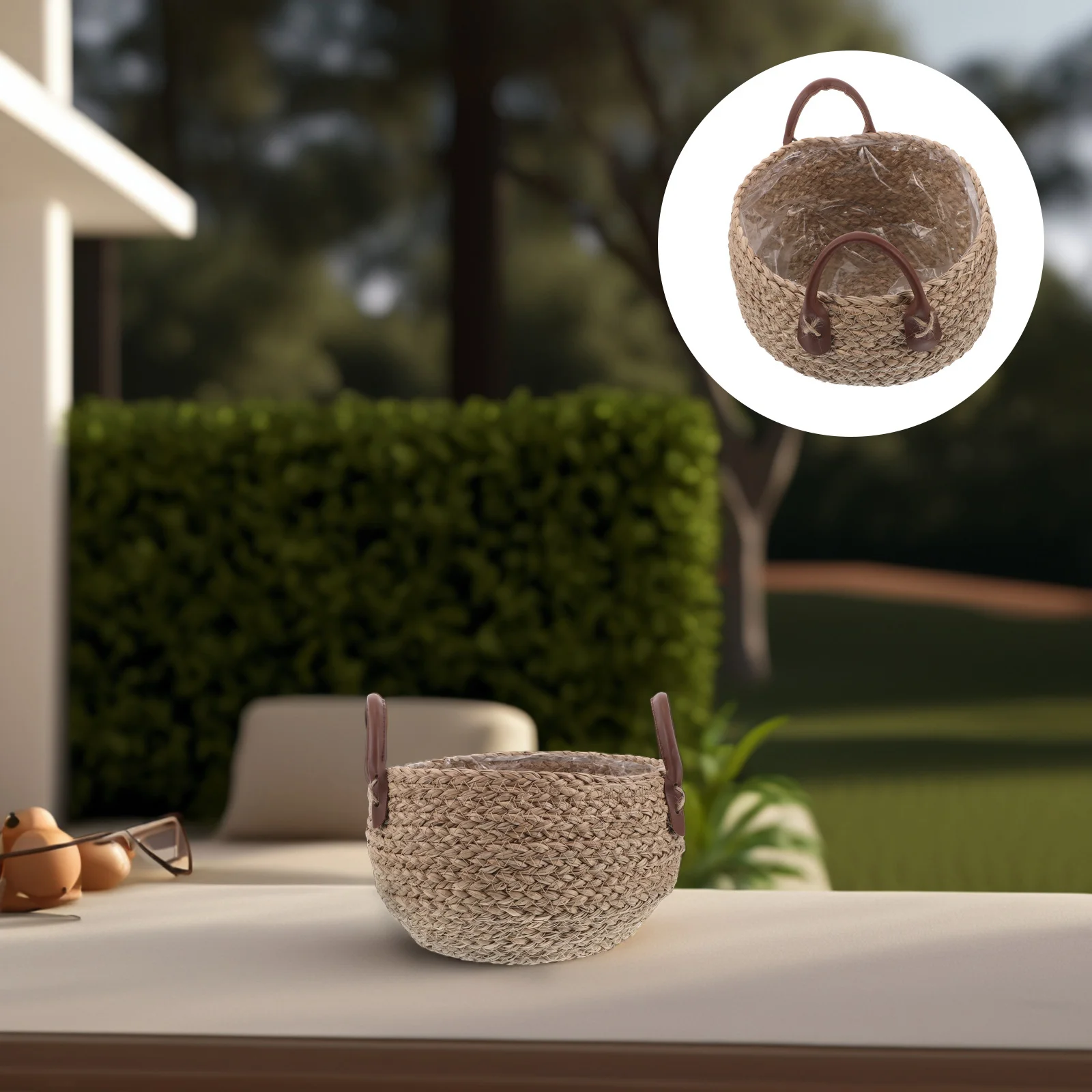 

1pcs Woven Seagrass Planter Basket Round Natural Rattan Storage Bin For Indoor Plants Home Decor Boho Garden Organization