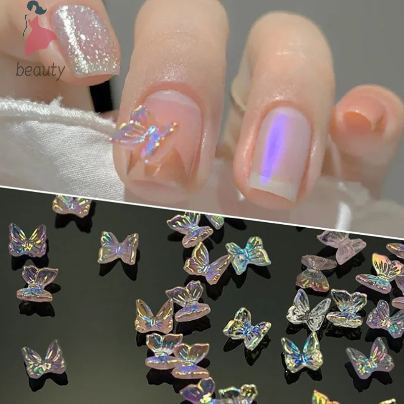 50PCS Resin Bowknot Aurora Nail Art Charms DIY Nail Decorations Resin Nail Art Parts 3D Butterfly Manicure Accessories