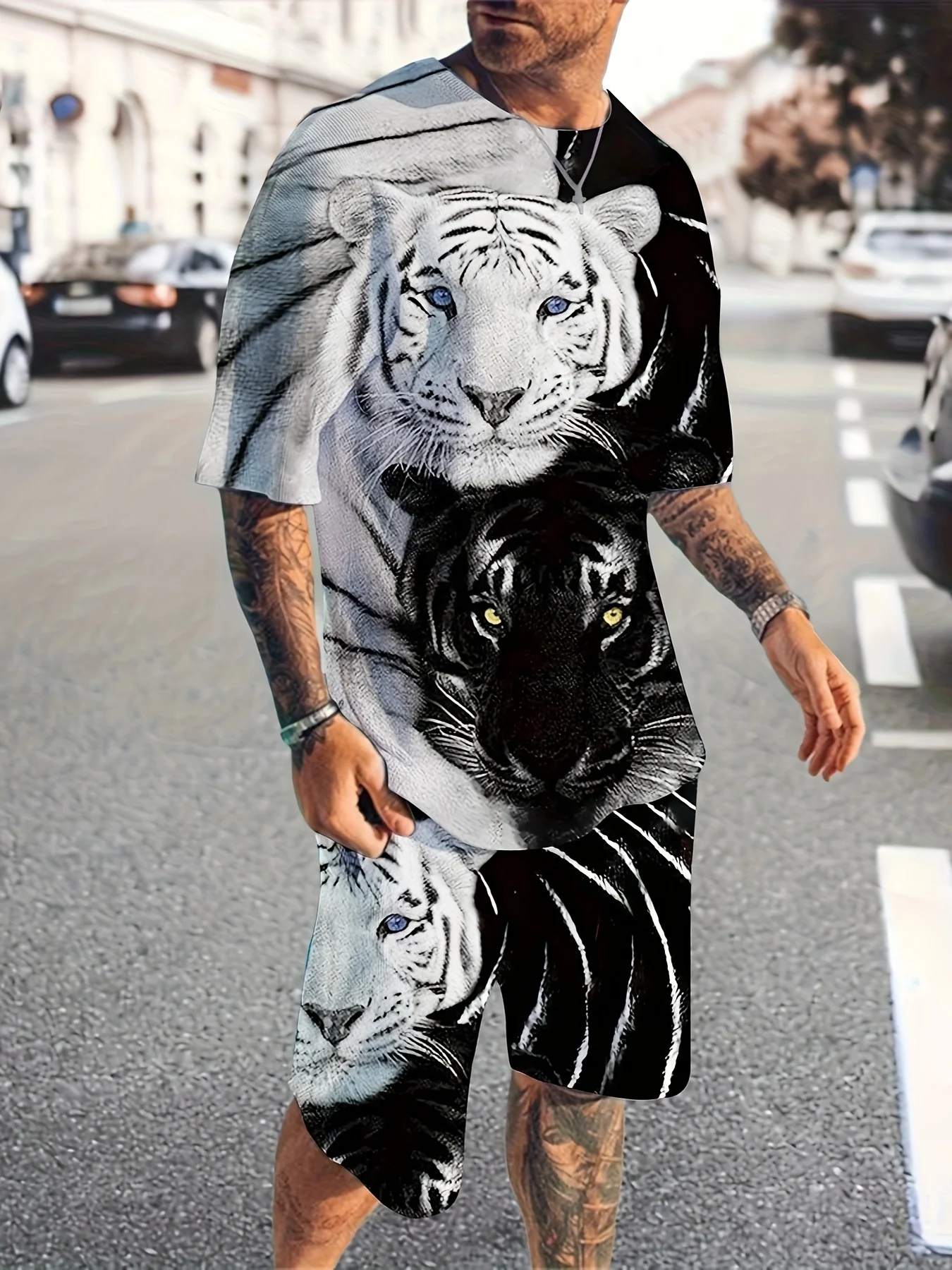 New Summer Men\'s Sets Shorts Outfits 3D Tiger Printed Short Sleeve T-shirt Two Pieces Casual Tracksuit Oversized Beach Sportwear