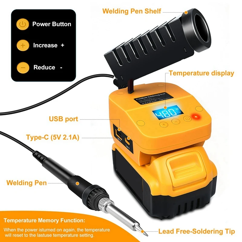 WCS-Cordless Soldering Station For Dewalt 20V Battery Portable Digital Display Soldering Iron Station With USB&Type-C Port