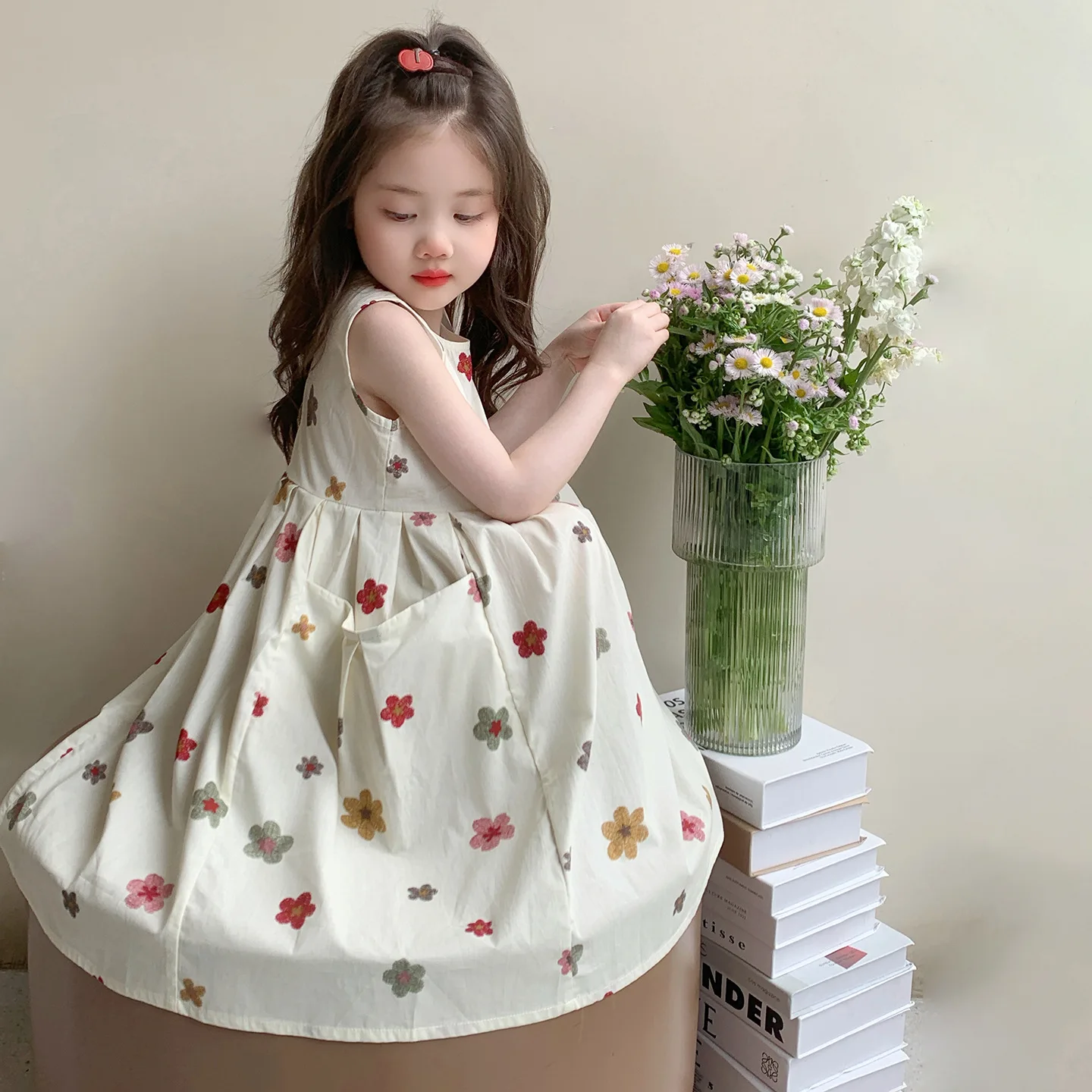 Girls Dress Summer 2026 New Countryside Pocket Cotton Dress Korean Campus Skirt Children Beach Skirt