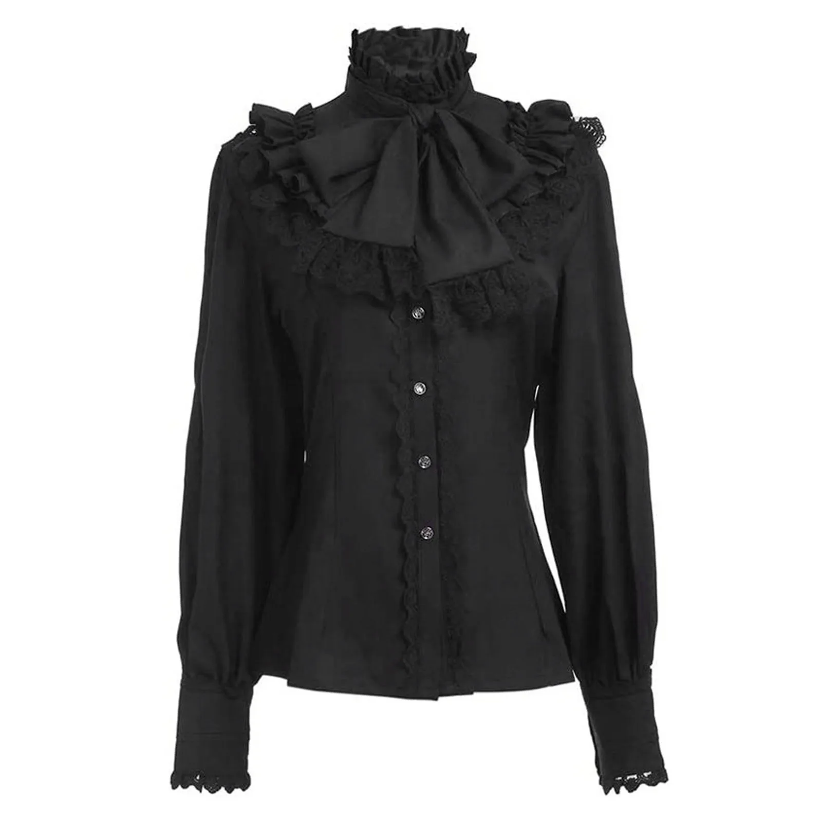 New Vintage Victorian Ruched Lace Shirts And Blouses Gothic Lolita Long Sleeve Ruffles Solid Black White Tops Shirt For Women