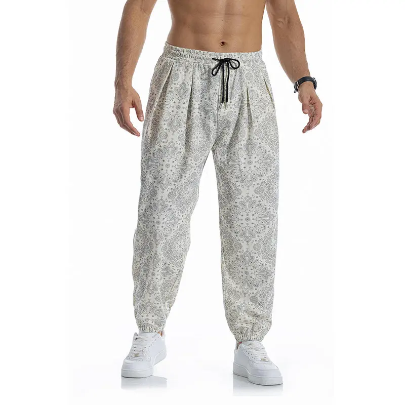 Streetwear Vintage Print Pattern Corduroy Pants Mens 2026 Autumn Warm Tie-up Loose Trousers For Male Daily Outdoor Jogger Pants