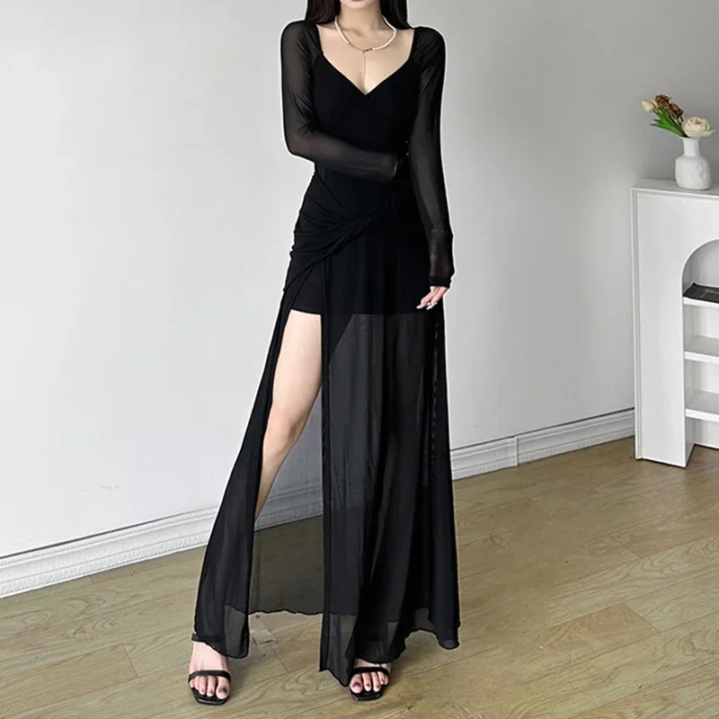 2025 New Vintage Dark Techwear Elegant V-neck Irregular Hem Maxi Dress Female Gothic Party Gown Y2K Mesh Patchwork Flods Dresses