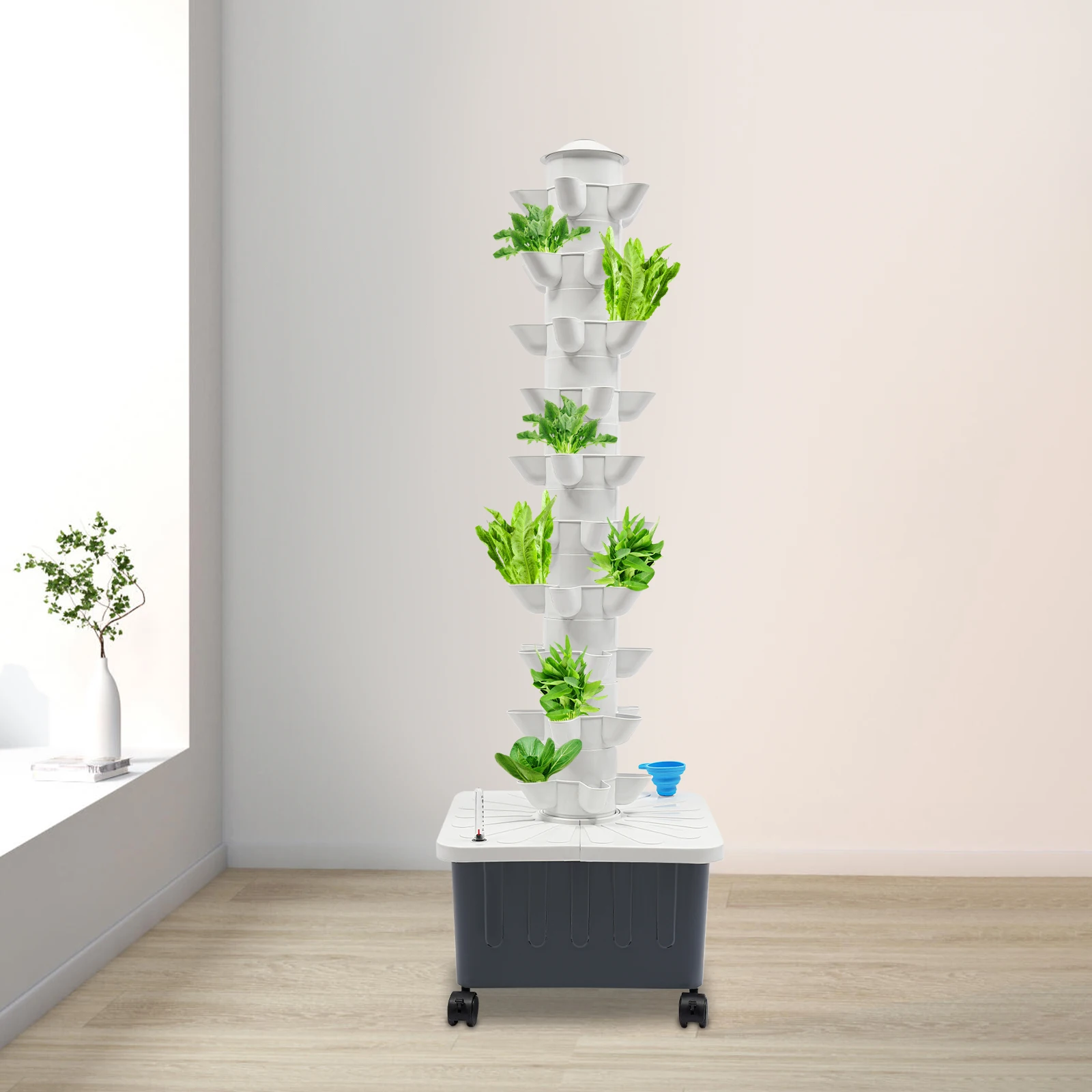 50‑Site Hydroponic Growing Tower 10‑Tier Vertical Hydroponics System 20L Water Tank 12V Water Pump Lockable Wheels Indoor Outdoor Soilless Planting Kit for Vegetables Fruits Strawberry Flower