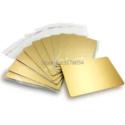 Tarjetas de visita de acero inoxidable 304, tarjetas en blanco de Metal dorado de 0,8mm de grosor, grabado láser para cliente, tarjetas de regalo DIY, 10 unids/lote por paquete