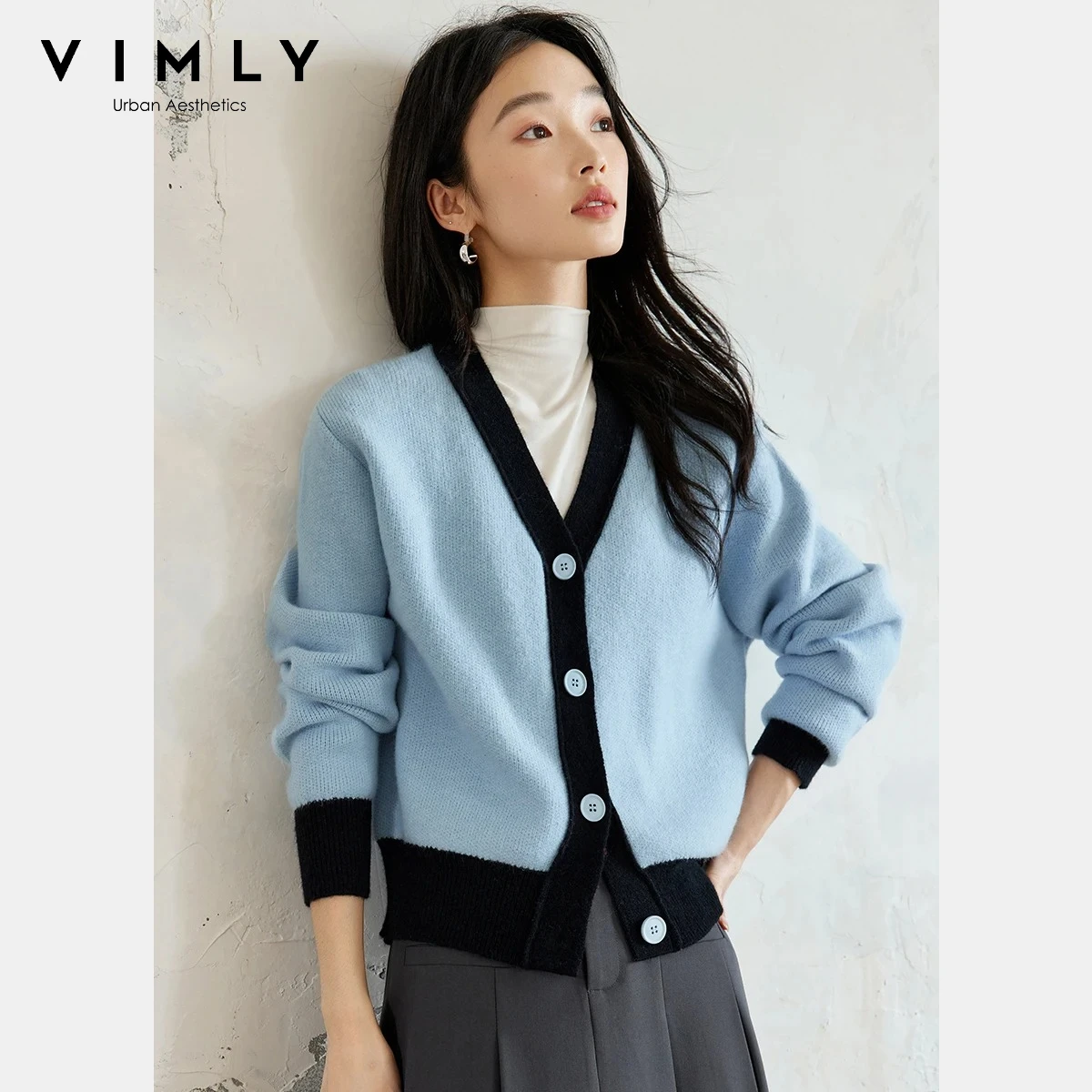 

VIMLY женский вязаный кардиган, повседневный свитер контрастного цвета с v-образным вырезом, зима 2025 г., офисные женские толстые женские джемперы большого размера 73381