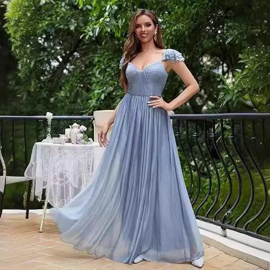 Chiffon Summer Bridesmaid Dress Blue Color Comfortable Beach Party Gown For Wedding