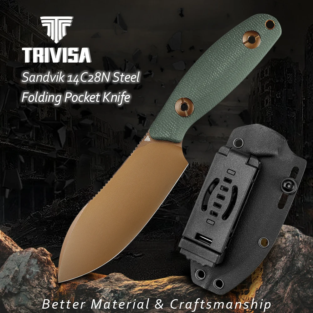 TRIVISA Straight Knife Aubergine Sandvik 14C28N Steel Blade Micarta Handle Camping Hunting Cutting Multitool With Kydex Sheath