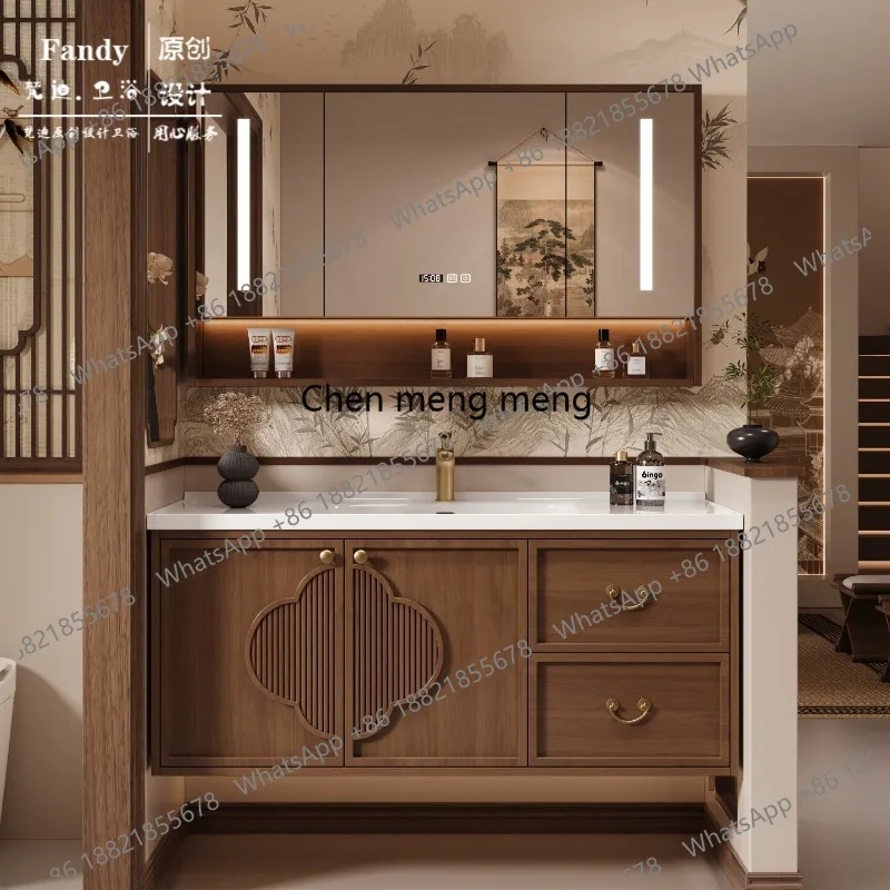 Mueble de baño de roble, lavabo integrado de cerámica, lavabo de madera maciza, lavabo de estilo antiguo