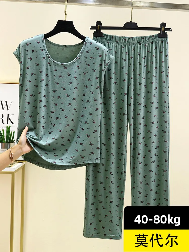 Set Celana Modal Round Ne Svel T-irt Wanita Musim Panas Longgar Motif Bunga Pakaian Rumah Kasual Ukuran Besar Spwear