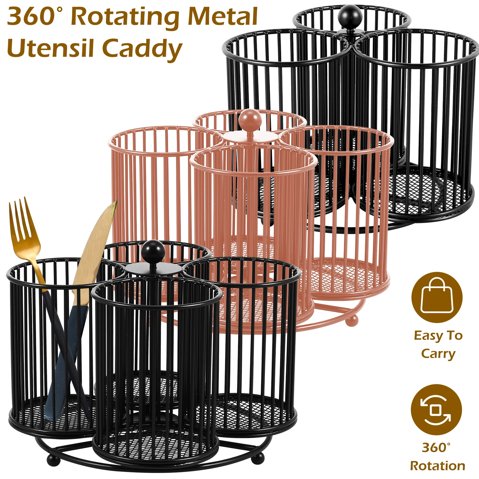 Metal Utensil Caddy 360 Degree Rotating Cutlery Holder 4 Compartment Flatware Storage Basket Portable Multipurpose