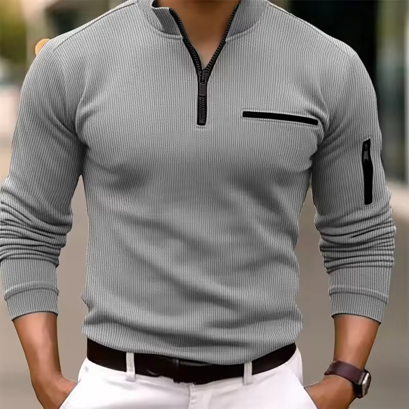 New light luxury light mature casual men sports retro  style striped zipper  arm  fashion men  outdoor  long  sleeve POLO shirt - Image 4