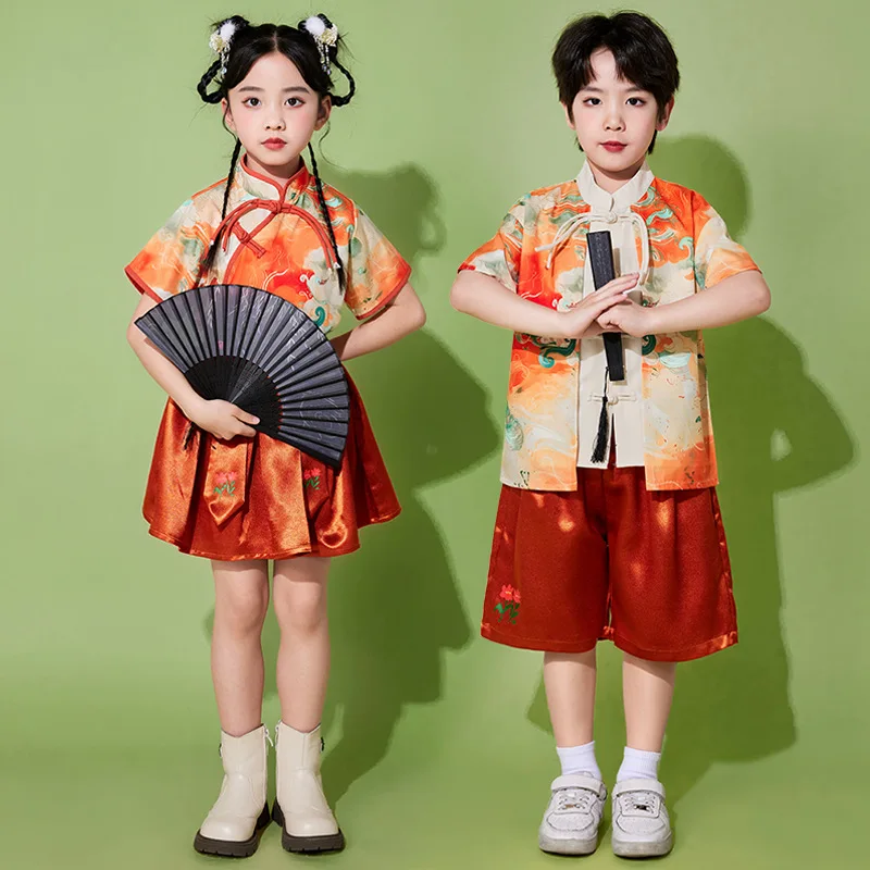 Kids China Dress Of The Tang Dynasty Chinese Traditional Colorful Clouds Print Tops Costume Pants For Children Boy Girl Clothing
