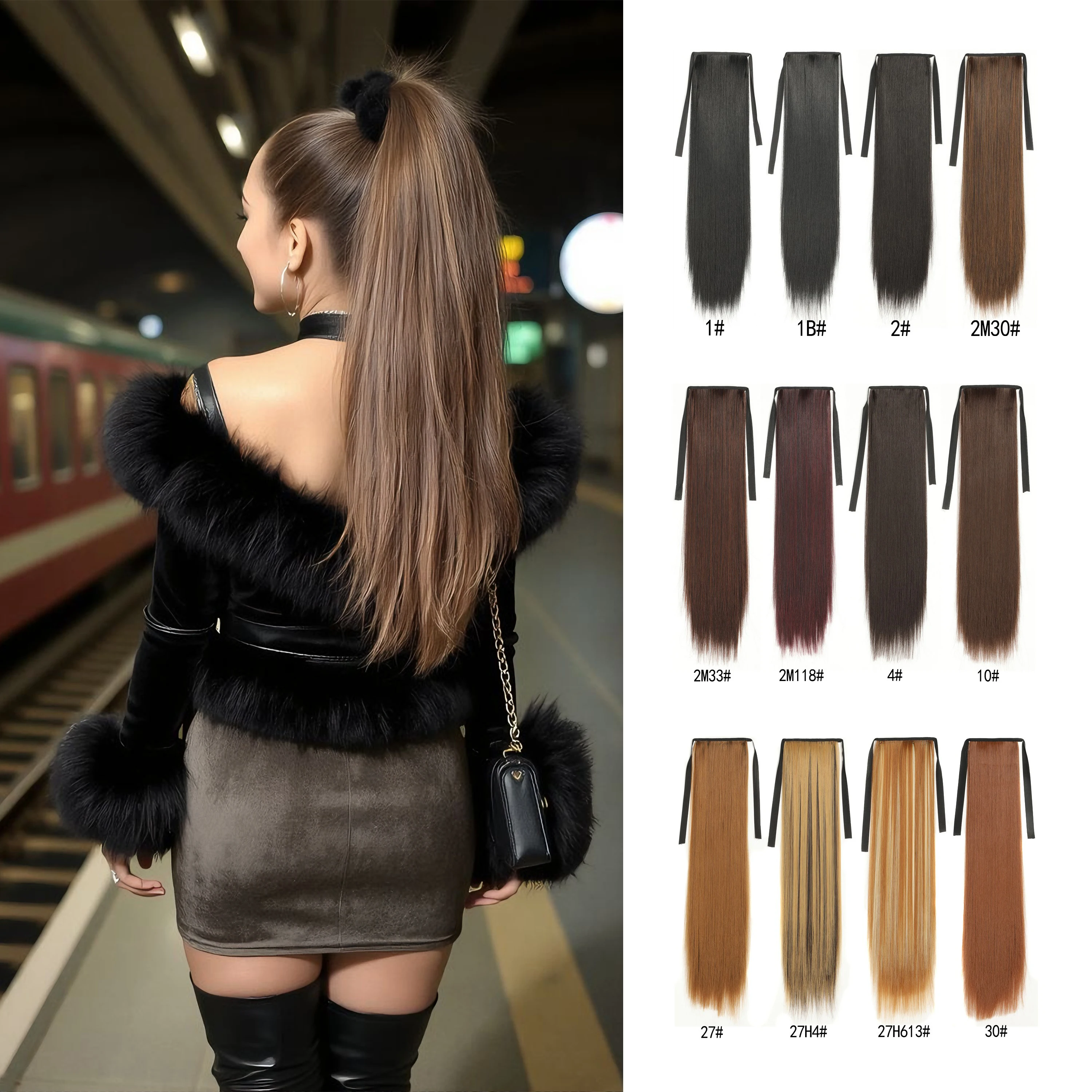 

Straight Ponytail Extensions with Ribbon Tie Synthetic Hair 22inches Long Straight Hair with Ponytail Fake Hair Natural Looking