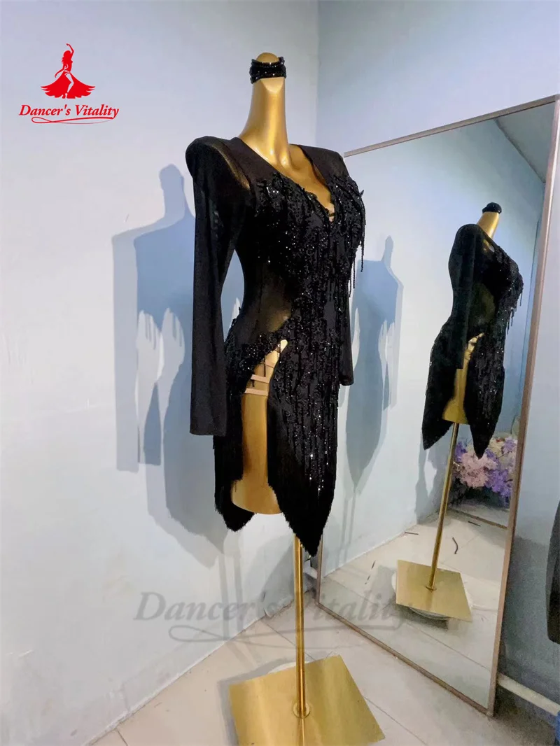 Latin Dance Dress for Women Customsized Long Sleeves Performance Skirt Rumba Chacha Tango Adult Child Latin Dancing Wear Outfit