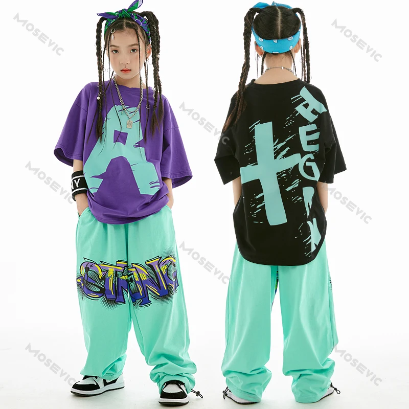 Camiseta holgada de algodón para niños y niñas, traje de Hip Hop, traje de baile de Jazz moderno, ropa de actuación Kpop, Verano