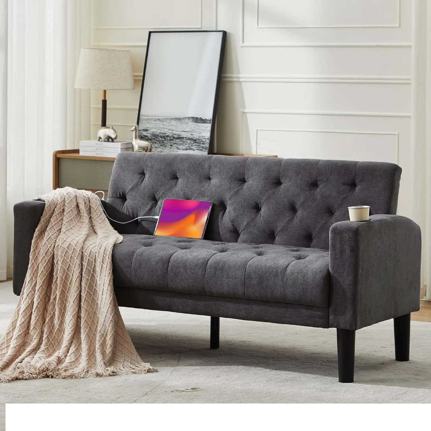 

62" W Loveseat Sofa w/ 2 USB Charger Ports and 2 Cupholders, Mid-Century Modern Tufted Linen Fabric Small Love Seat