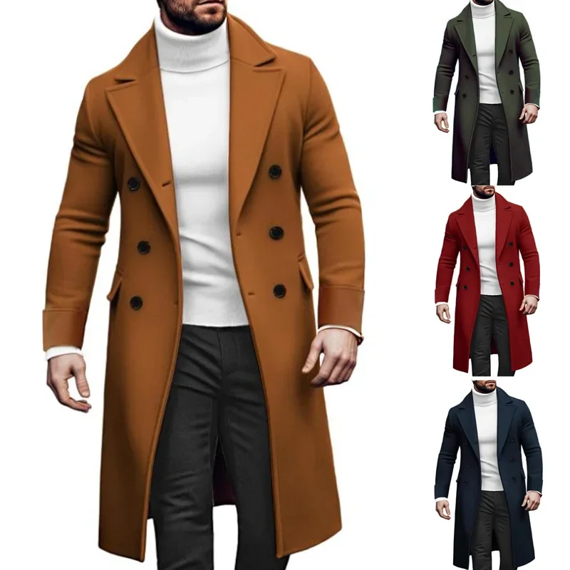 

Coats Men Knee Length Wool Blends Coat Turn Down Collar Wool Blends Double Breasted Jackets Open Stitch Autumn Winter Jackets