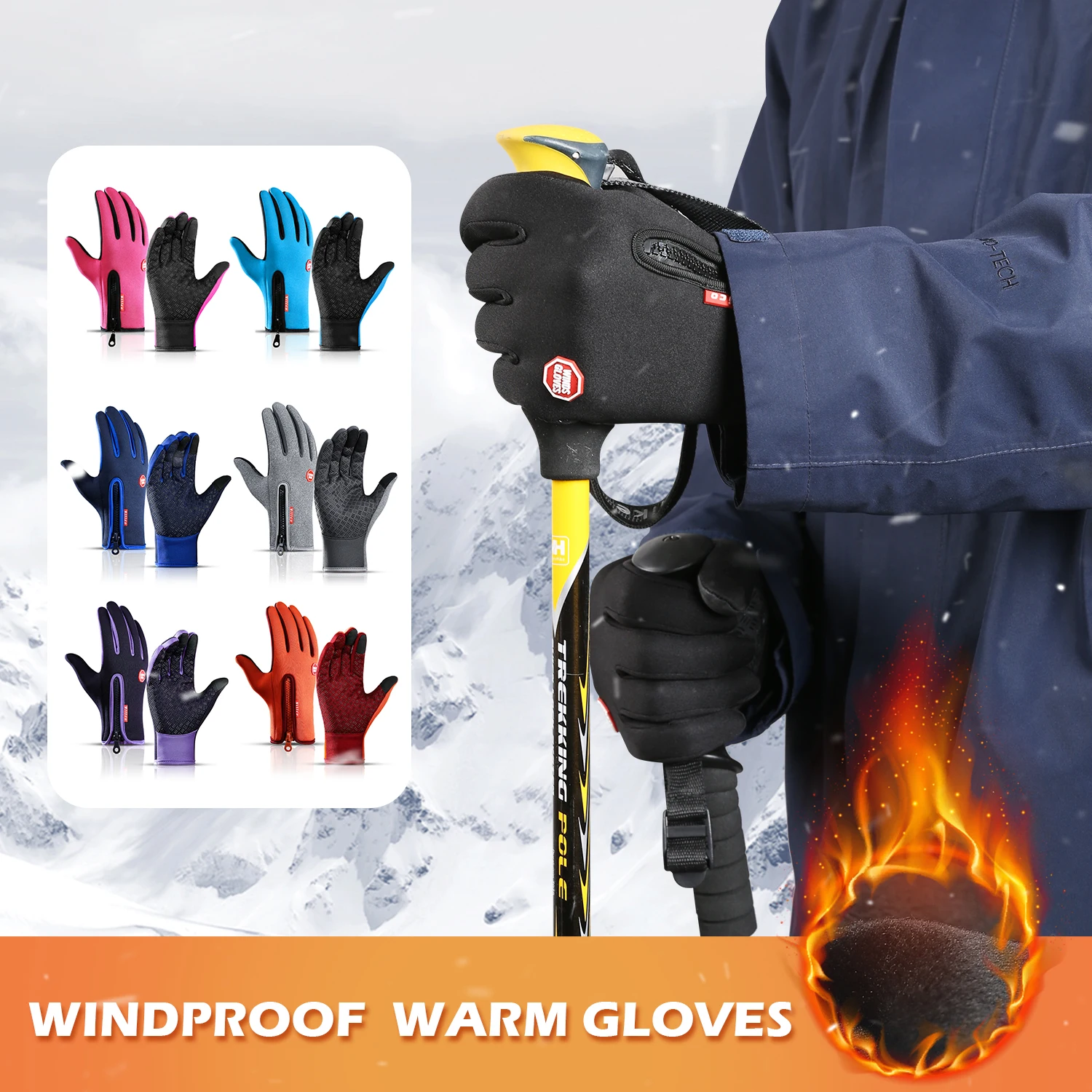 Outdoor winter touch screen protector warm gloves, waterproof, windproof, anti slip sports gloves, suitable for cycling, running