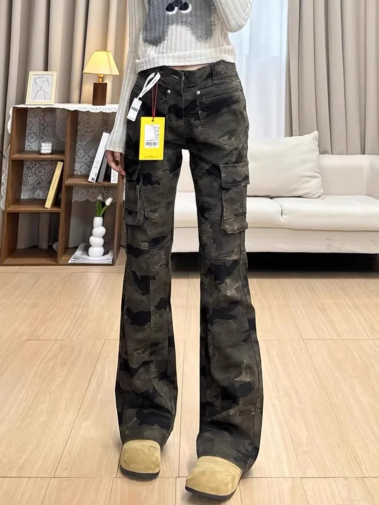 

American High Street Camouflage Work Pants Men's Trendy Brand Haome Rise Straight Leg Micro Flared Pants Youth Summer Jeans