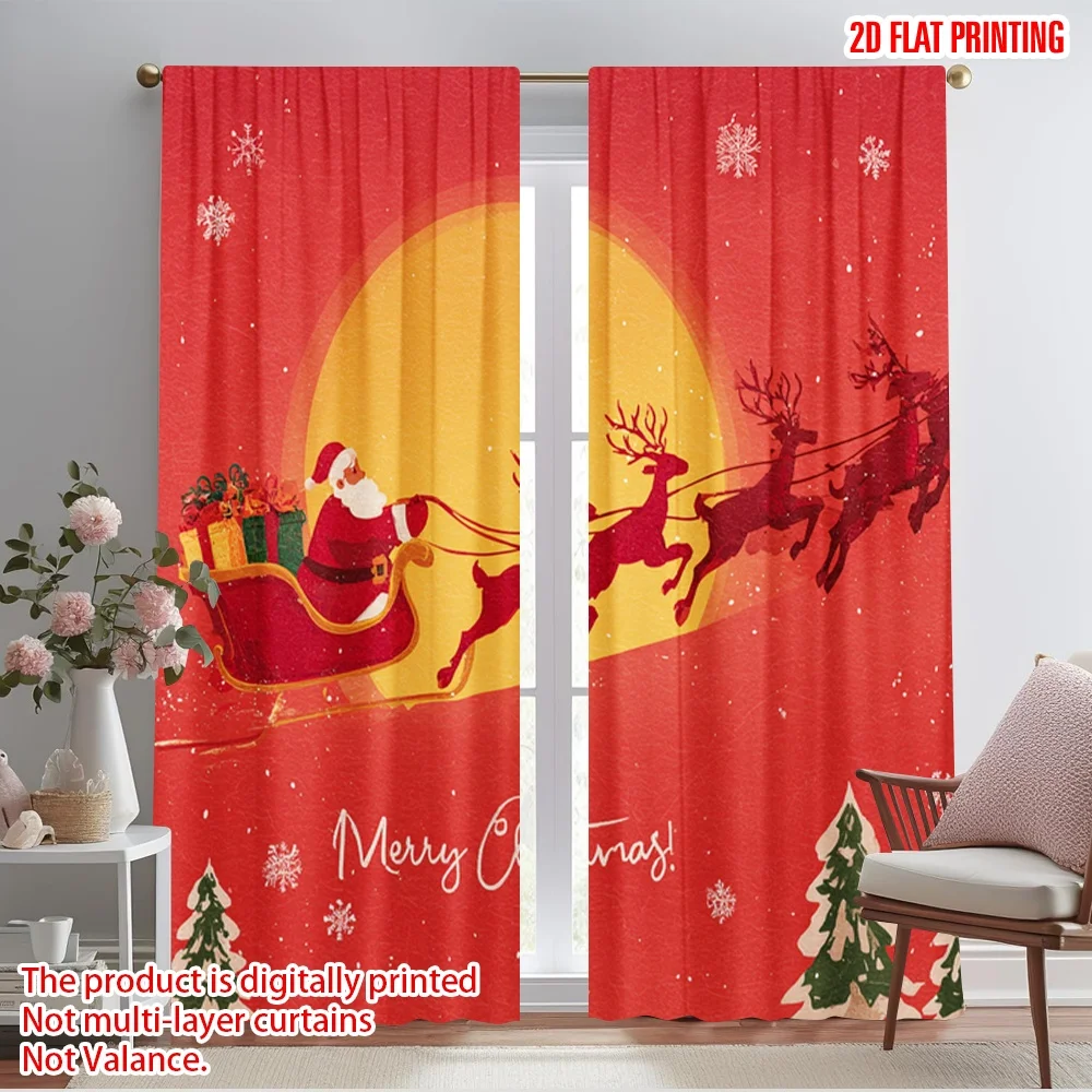 2pcs,2D plane printing Curtains Digital Printed Vibrant Santa Claus with Deer Versatile Polyester (without rod) Art Deco Festive
