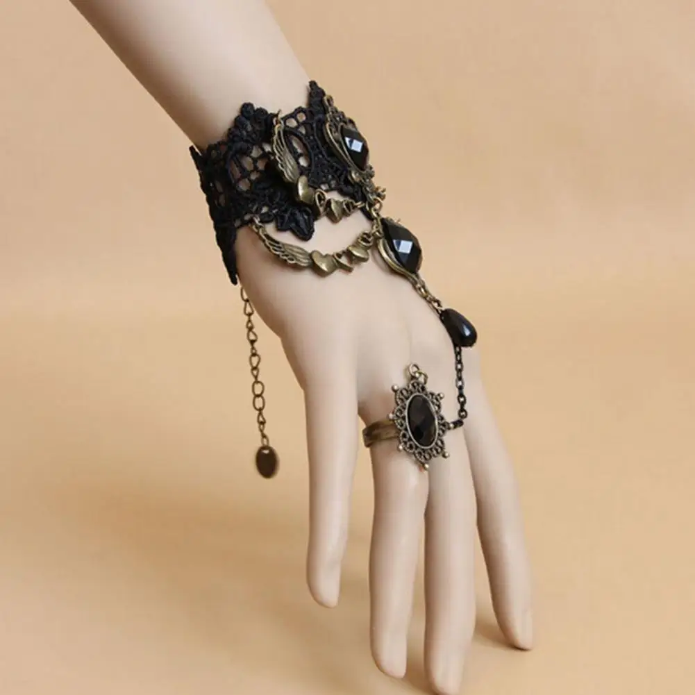 Faux Gem Black Lace Ring Bracelet Women Gothic Punk Style Necklace Bracelet Jewelry For Women Party Dress Up