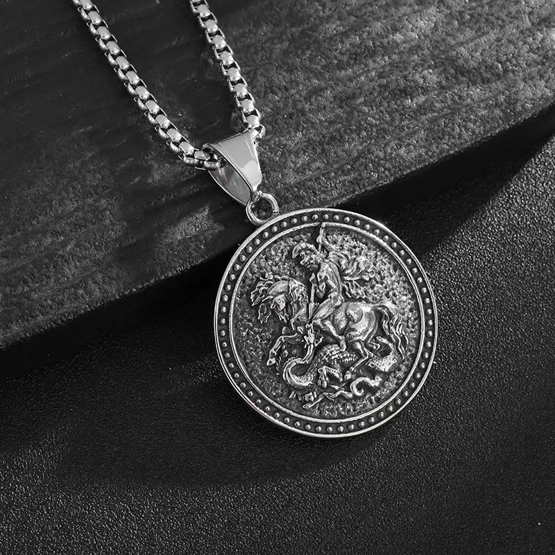 Megin D Stainless Steel Titanium Vintage Hip Hop St George Fighting the Dragon Charm Pendant Collar Chain Necklace for Men Women