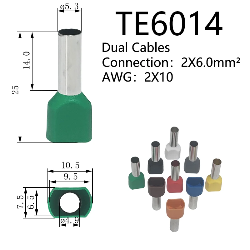 50PCS A.W.G 2X10 Pure Copper Dual Cables Connection TE6014 2x6.0mm² Insulated Crimping Cable Terminal Electrical Ferrules Cord