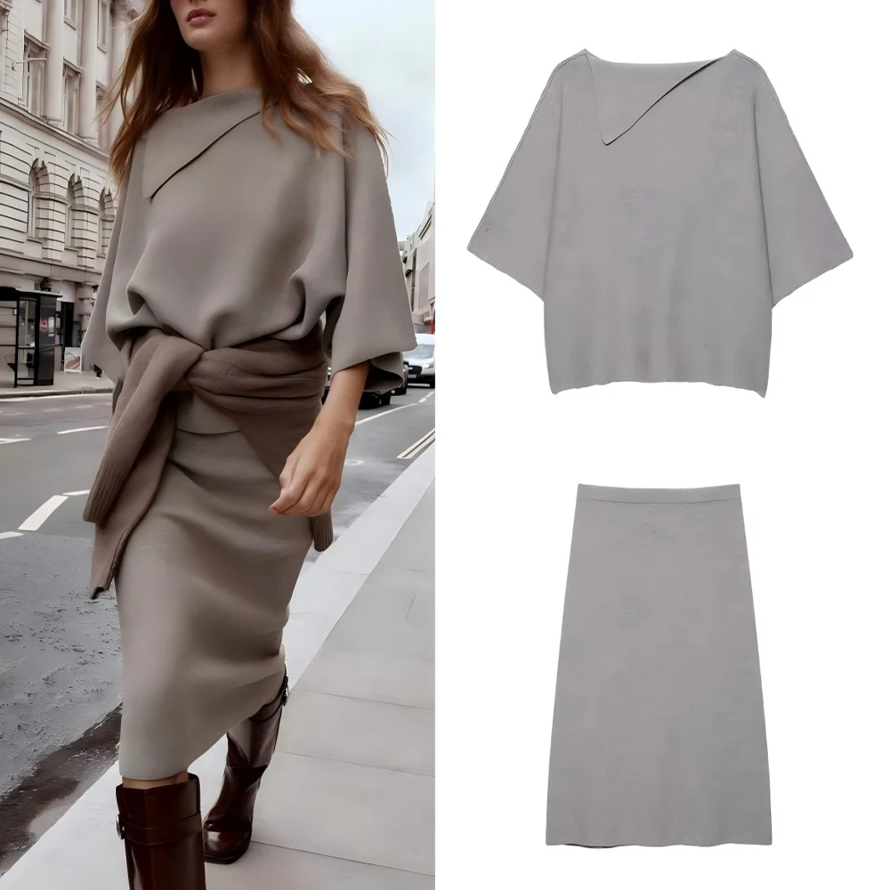 

Women's New Fashion Flip Collar Design Casual Soft Texture Knitted Top Retro Mid Sleeve Women's Pullover chic Top+Skirts suit