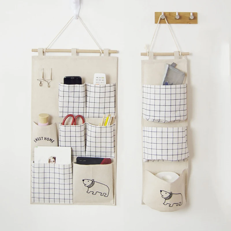 3/7 Pockets Cute Wall-mounted Storage Bag Cotton and Linen Closet Door Sundries Clothes Cosmetic Toys Organizer For Bedroom