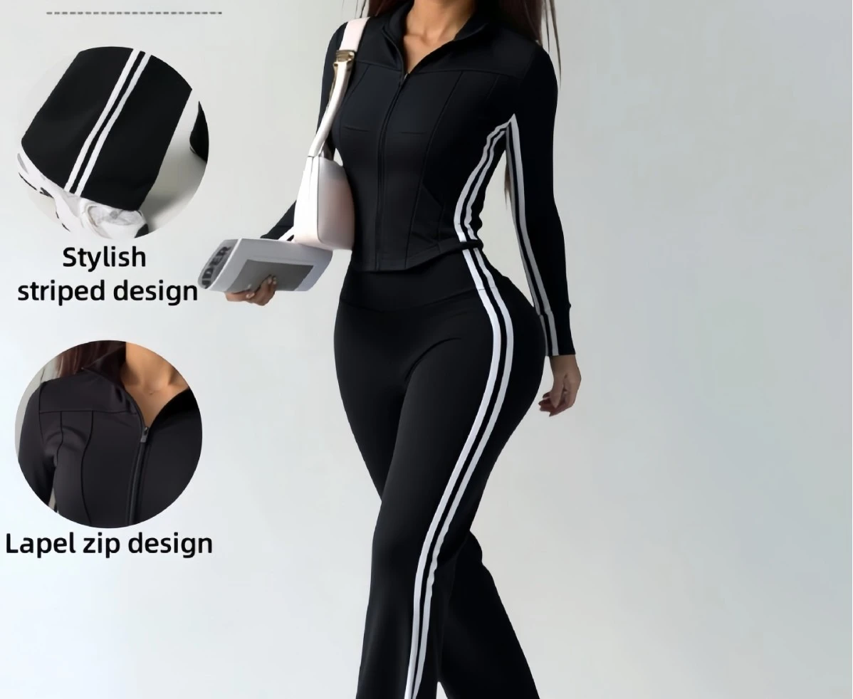 

New Yoga Flared Pants Set Women's Sports Outdoor Sunscreen Long Sleeve Jacket Sports Casual Striped Pants
