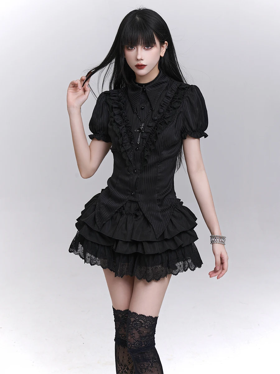 

Ghost Girls Gothic Black Women Short Sleeve Blouse Light Lolita Subculture Short Puff Sleeve Lace Patch Slim Blusa Shirt Tops