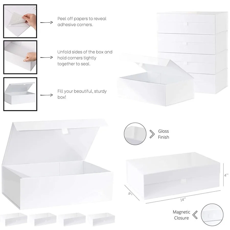 

White Hard Gift Box With Magnetic Closure Lid 14 x 9 x 4 Rectangle Favor Boxes With White Glossy Finish 5 Boxes
