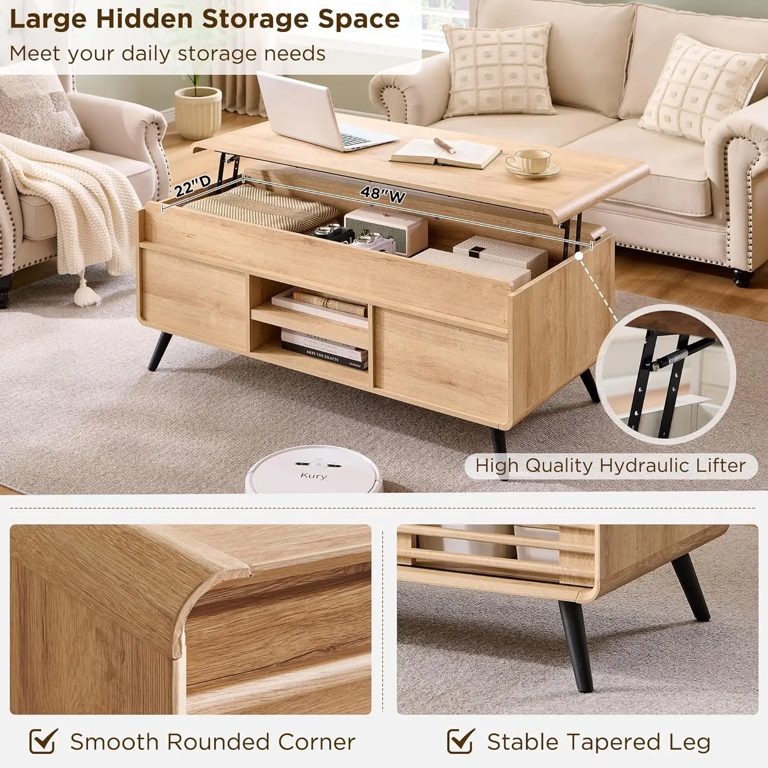 48" Lift Top Coffee Table with Slatted Sliding Door, Mid Century Modern Center Table with Hidden Storage Compartment