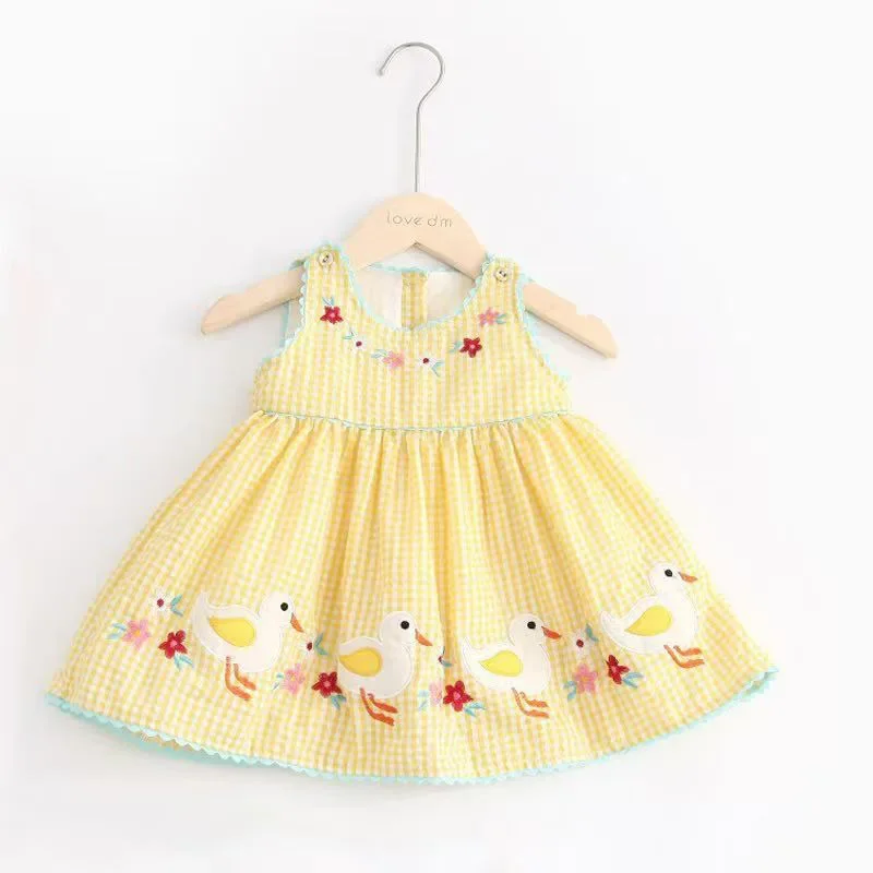 0-4T Baby Dress Sleeveless Checkerboard Animal Embroidery Duck Bunny Pastel Yellow Pink Cute Dainty Summer Casual Easy Wear