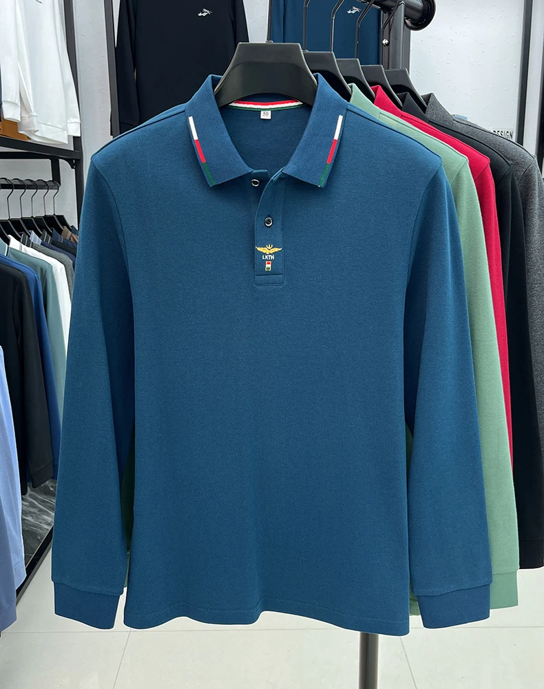 100% pure cotton long sleeved men\'s polo shirt autumn luxury brand custom embroidery design fashionable golf top casual T-shirt