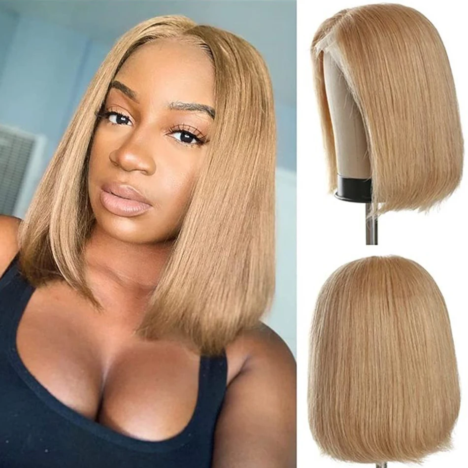 Honey Blonde Color Straight Bob Wig para mulheres, perucas de renda frontal, cabelo humano curto, barato, à venda, apuramento, 27 #, 13x4