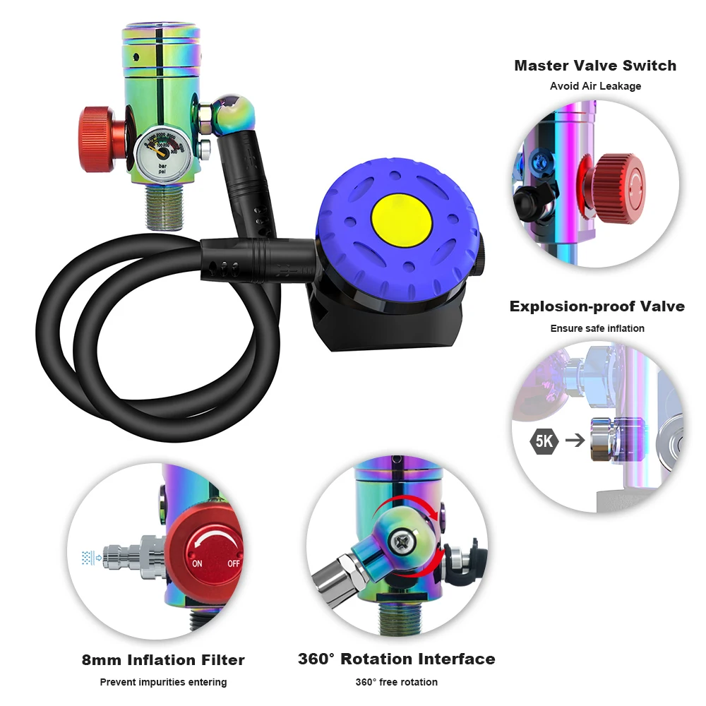 

THAISTONE M18*1.5 Scuba Tank Color-plated Brass First-Stage Regulator with Pressure Gauge And Plastic Second-Stage Regulator