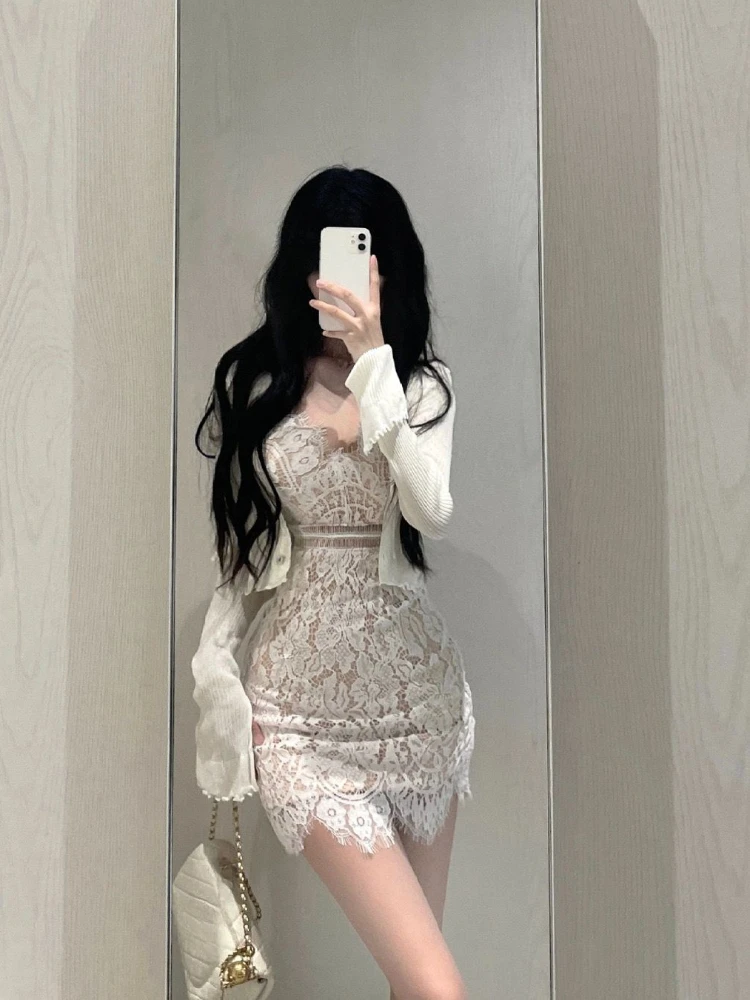 Elegant Lace Dress Suit Woman Short Party Sleeveless Mini Dress Korea Fashion Casua White Short Cardigan Office Lady 2023 Autumn