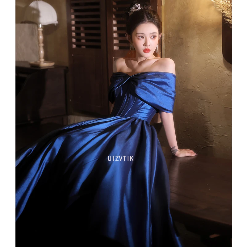 

Off-Shoulder Evening Party Gows for Women Light Luxury Blue Satin A-Line Prom Wedding Dress 2025 Elegant Formal Occasion Dress