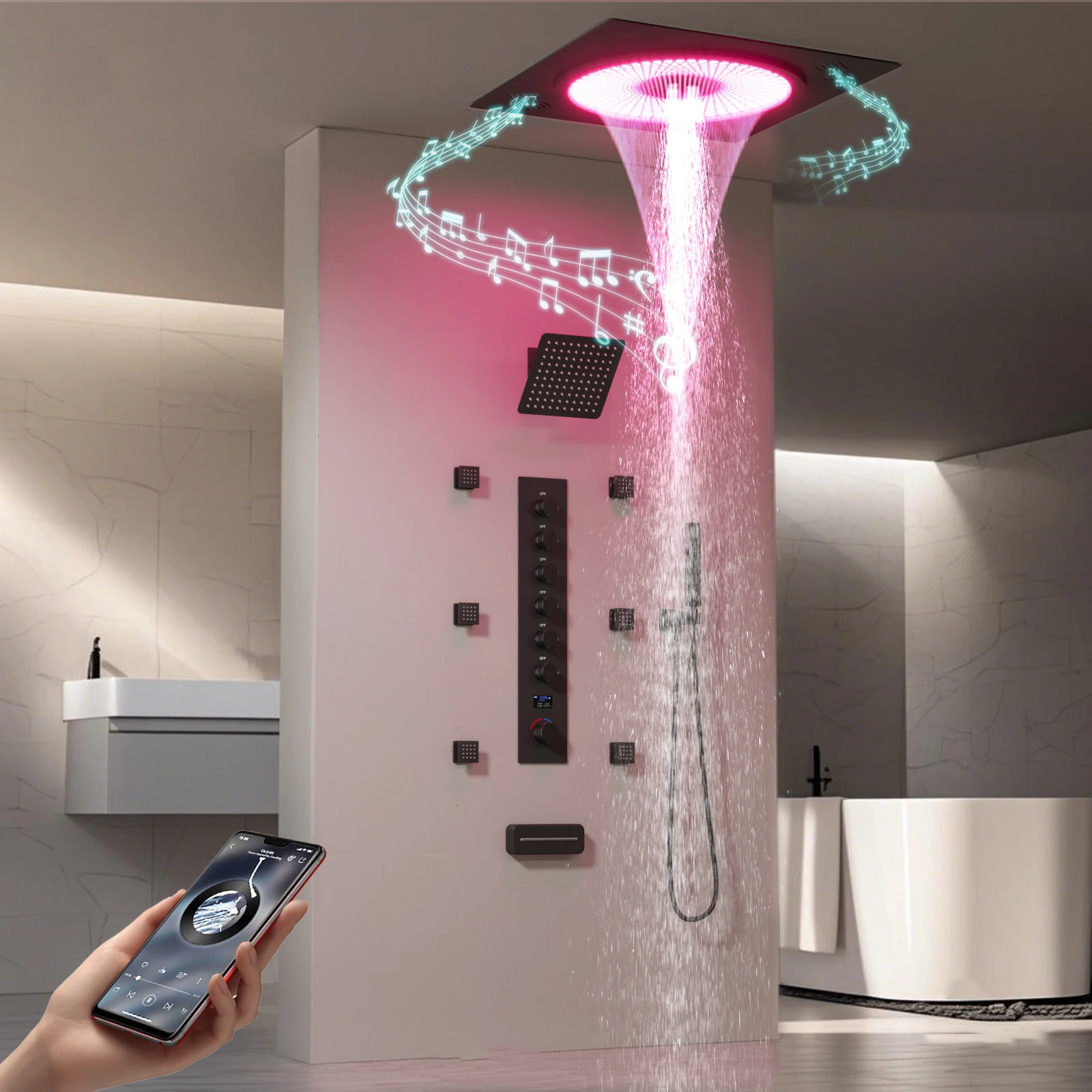 Komplett aus Kupfer zur Deckenmontage, verdecktes Duschset, eingebettetes Duschsystem mit Doppelfunktions-Digitalanzeige für das Badezimmer