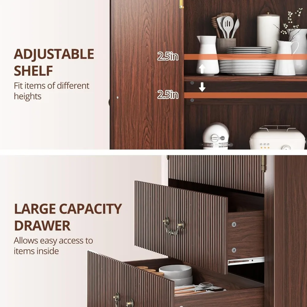 Rak buku melengkung bergaris setinggi 71 inci dengan pintu dan laci penyimpanan, lemari ruang tamu modern yang serbaguna