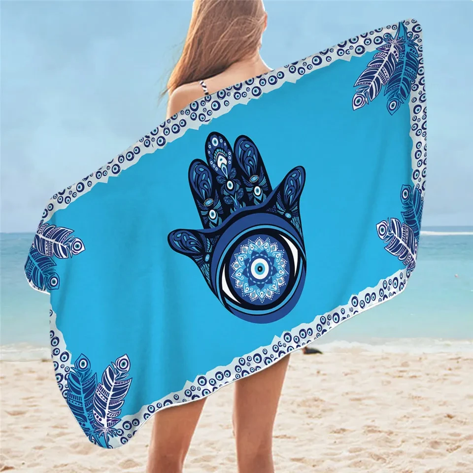 

Evil Eye Hamsa by Ismot Esha Bath Towel Mandala Beach Towel Hand Blue Rectangle Beach Mat Peacock Feather Thin Blanket