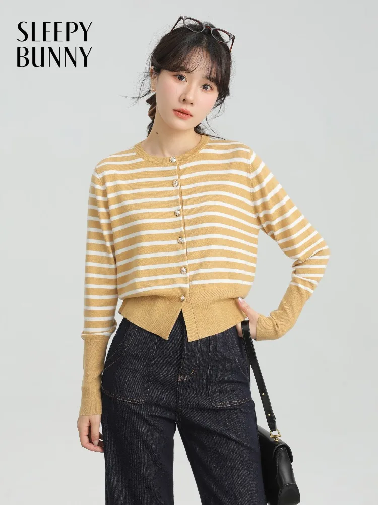 

Wool Sweater Women Striped Knitted Pullover Slim Fit Long Sleeve Round Neck Autumn Casual Cardigan Top for Layering Daily Wear